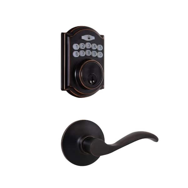 Defiant Castle Aged Bronze Single Cylinder Electronic Keypad Deadbolt with Naples Door Lever Combo Pack