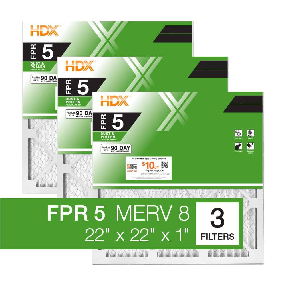 22 in. x 22 in. x 1 in. Standard Pleated Air Filter FPR 5, MERV 8 (3-Pack) -  HDX, HDX3P5-012222