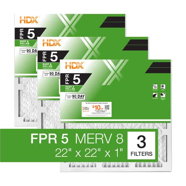 HDX 22 in. x 22 in. x 1 in. Standard Pleated Air Filter FPR 5, MERV 8 (3-Pack)
