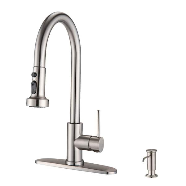 Lukvuzo Single Handle Pull Down Sprayer Kitchen Faucet with Soap Dispenser in Brushed Nickel