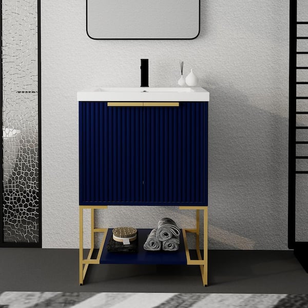 Staykiwi 24 in. W x 18 in. D x 35 in. H Freestanding Bath Vanity Set in Navy Blue with Resin Vanity Top and White Basin
