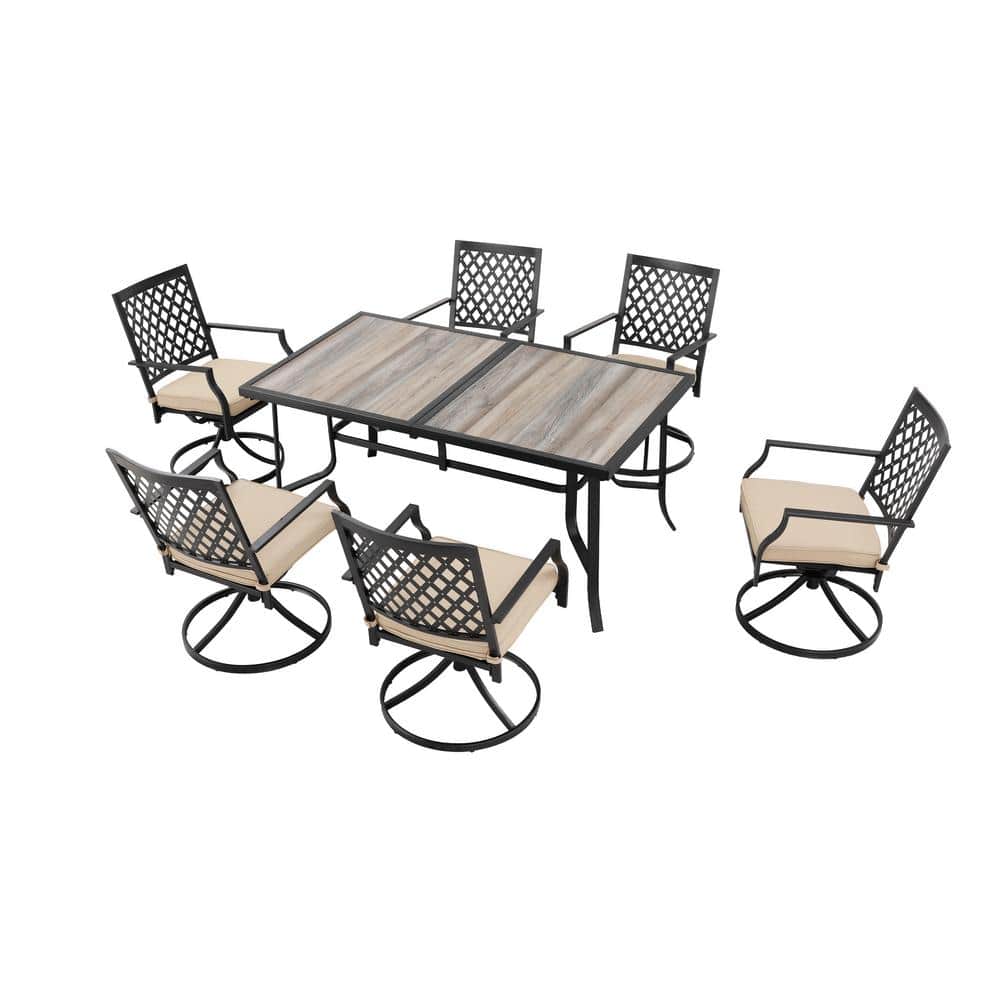 7-Piece Rectangular Metal Outdoor Dining Set with Beige Cushions