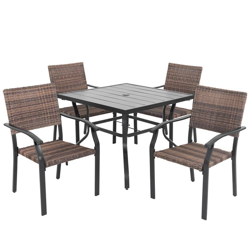 Black Iron Square Table with Mixed Wicker Chairs Outdoor Dining Set