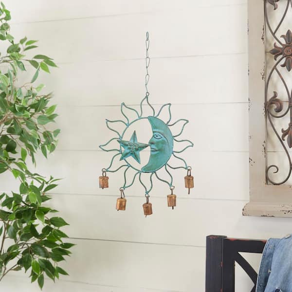 13 in. Teal Metal Sun and Moon Windchime with Bells