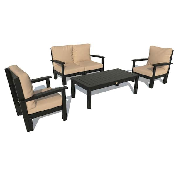 Highwood Bespoke Deep Seating 4-Piece Plastic Outdoor Loveseat, Set of Chairs and Conversation Table and Driftwood Cushions