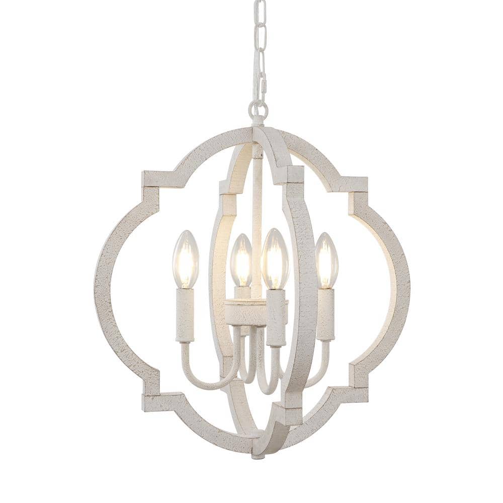 4 - Light Wood Rustic French Country Farmhouse Distressed White Chandelier 