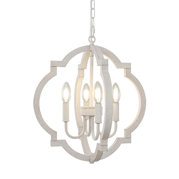 Unbranded 4 - Light Wood Rustic French Country Farmhouse Distressed White Chandelier Light for Kitchen Island Dining Room Entryway
