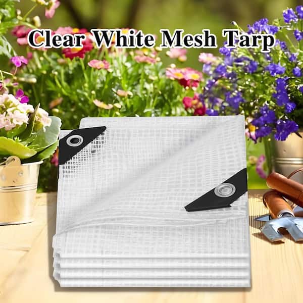 Agfabric 9.35 ft. x 12 ft. Clear White Mesh Tarp Heavy Duty Waterproof for Greenhouse Outdoor Gardening Farming Camping Yard