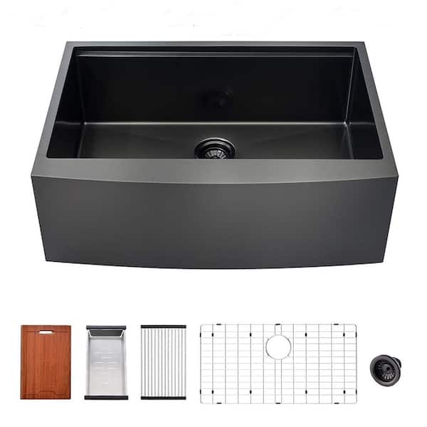 PROOX Matte Black Stainless Steel 33 in. Single Bowl Farmhouse Apron Kitchen Sink with Accessory Kit