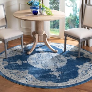 Brentwood Navy/Light Gray 7 ft. x 7 ft. Round Medallion Floral Distressed Area Rug
