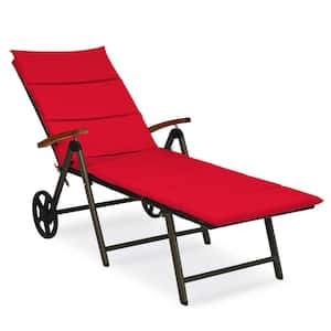 One Piece Foldable Wicker Outdoor Chaise Lounge Recliner Chair with Red Cushion And Aluminum Frame
