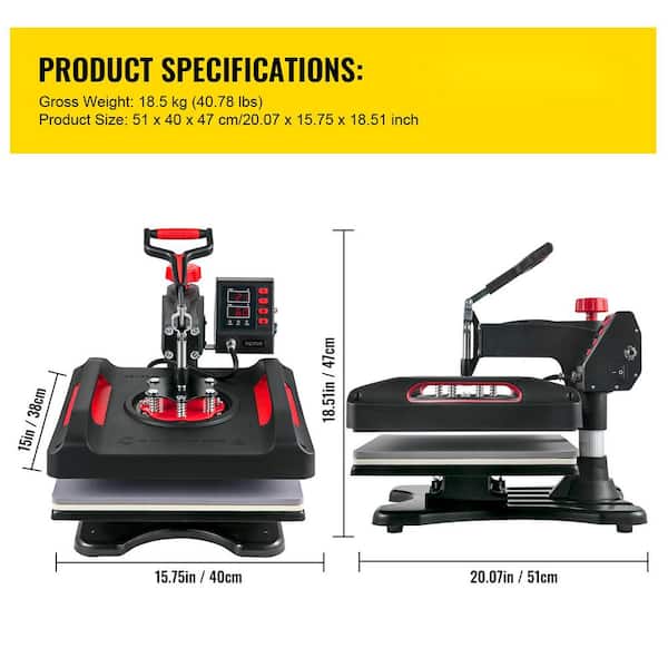VEVOR 12 in. x 15 in. Heat Press Machine 5 in 1 Combo 360 Swing Away  Digital Sublimation T-Shirt Vinyl Transfer Printer, Red TJWYXKHSP8001UP2CV1  - The Home Depot