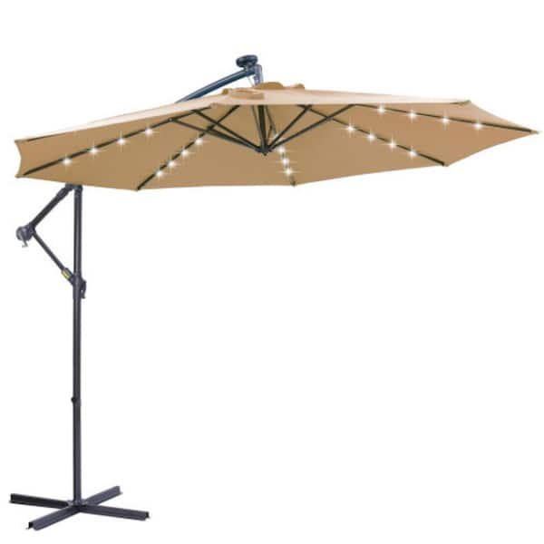 ITOPFOX 10 ft. Hanging Cantilever Patio Umbrella with Solar LED and 32 LED Lights, Taupe