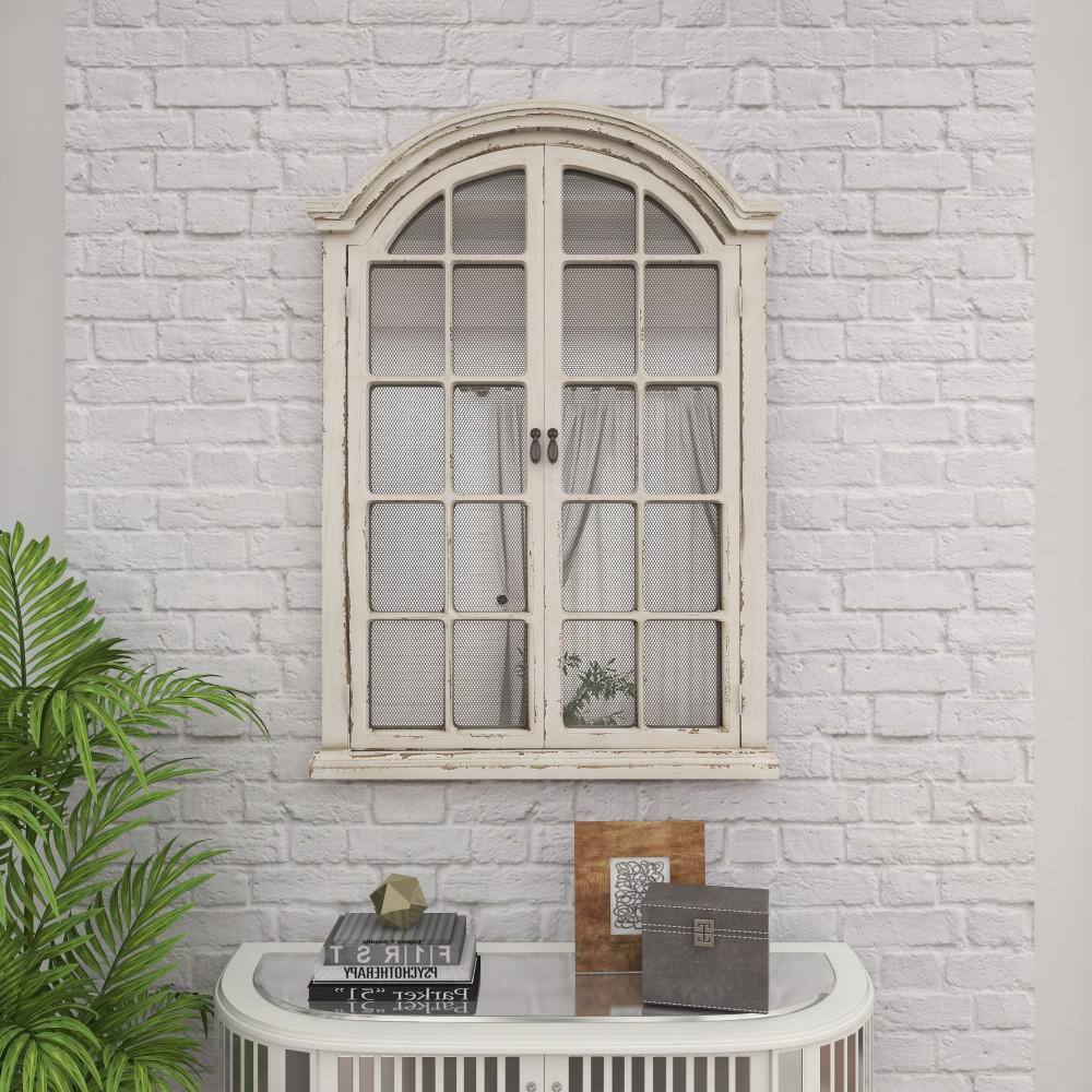Cream Wood Windowpane Arched Wall Mirror with Distressed Finish