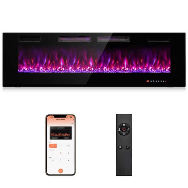 Costway 60 in. Wall-Mounted Ultra-Thin Electric Fireplace TV Stand and Recessed Fireplace Heater in Black