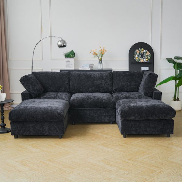 100.5 in. Square Arm 5-piece Chenille U-Shaped Living Room Sectional Sofa Free Combination with Ottoman in. Black