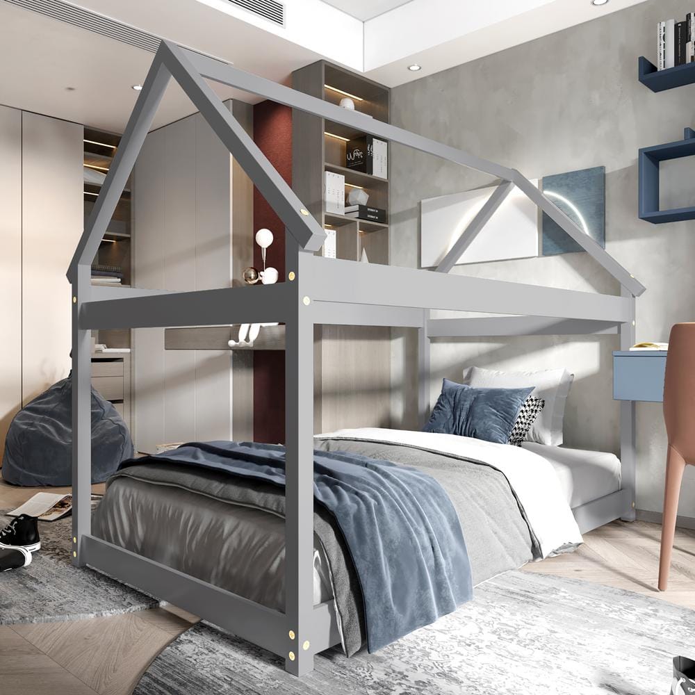 Gray Twin House Bed with Wood Frame and Roof