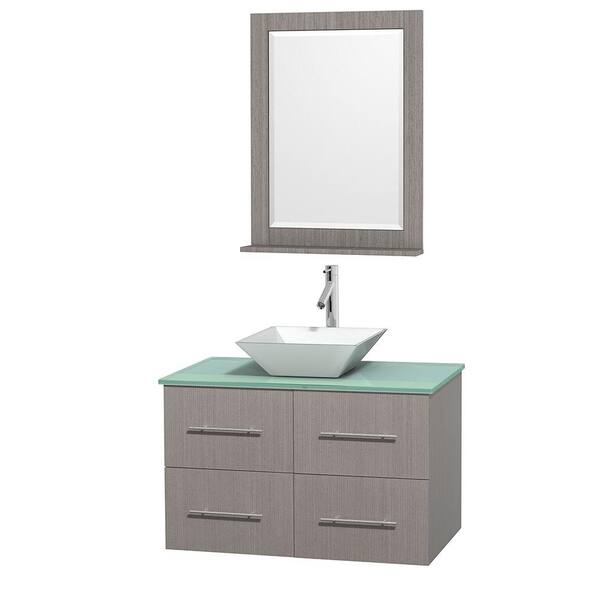 Wyndham Collection Centra 36 in. Vanity in Gray Oak with Glass Vanity Top in Green, Porcelain Sink and 24 in. Mirror