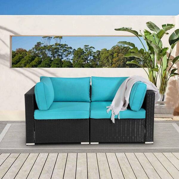 Peach Tree Wicker Loveseats Patio Sectional Corner Sofa All Weather Rattan Outdoor Thick Cotton Sofa Set 