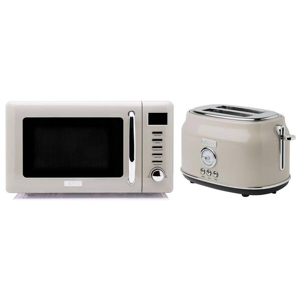 HADEN 17.5 in 0.7 cu. ft. Electric Microwave Oven in Putty Gray and 2-Slice Wide Slot Toaster