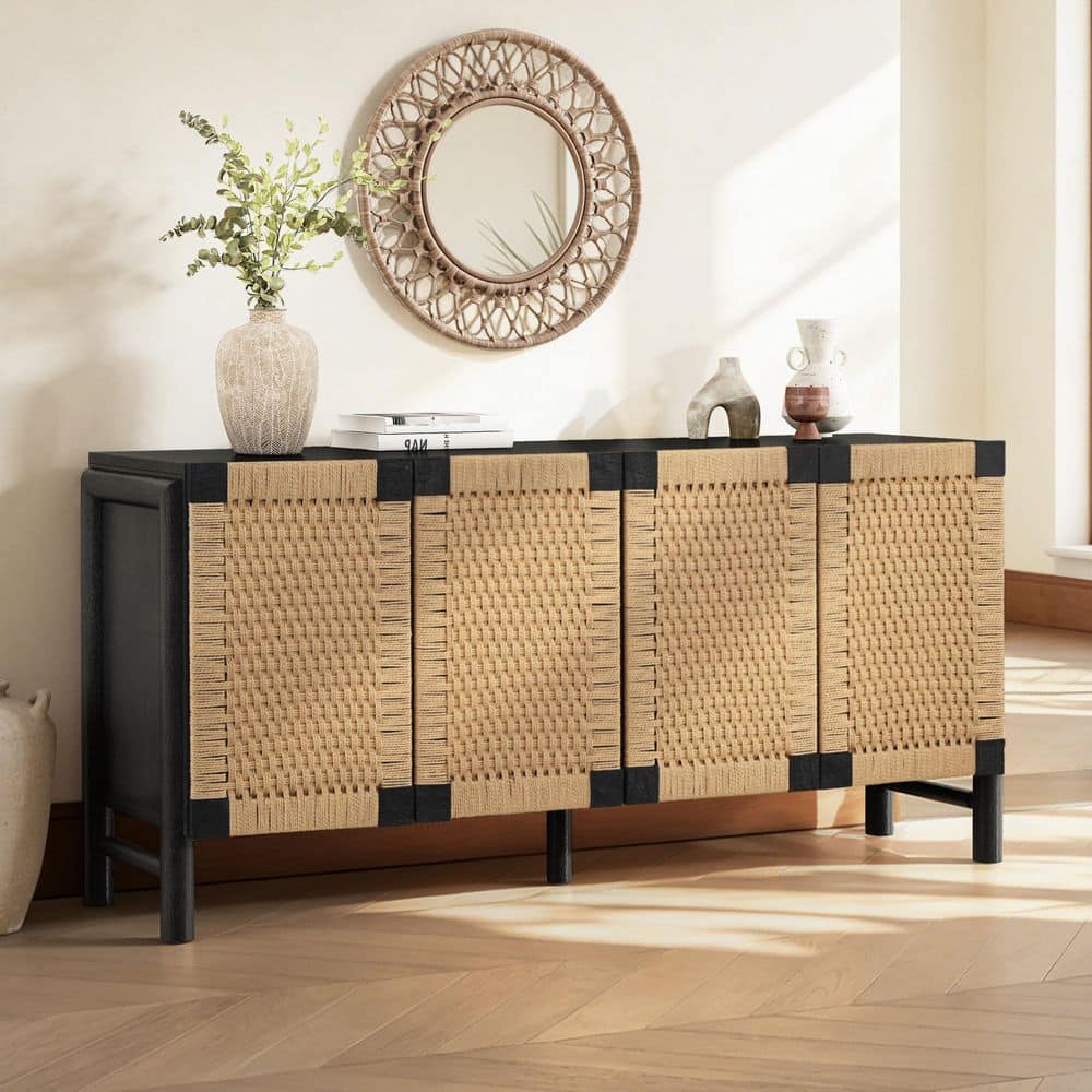 Shapur 65.6 in. Black Rectangle Farmhouse Wood Console Table with Handwoven Paper Rope Doors