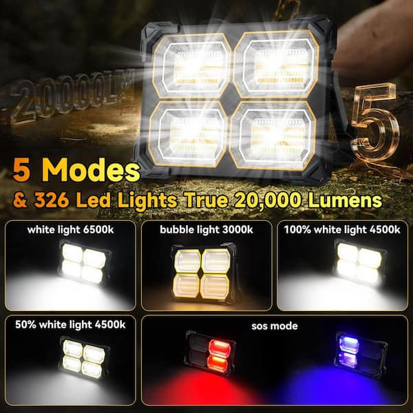 120-Volt LED Solar Portable Light, 20000 Lumen Magnetic Work Lights, 326 LED Battery Work Lights w/ Stand 5-Lights Modes