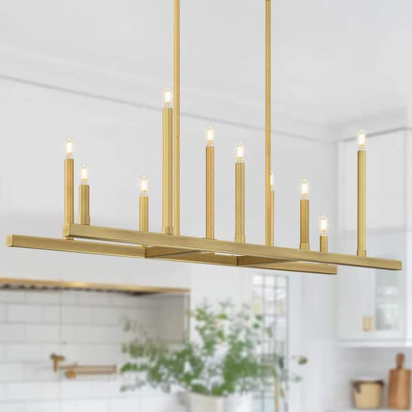 10-Light Brushed Gold Modern Linear Chandelier for Kitchen Island