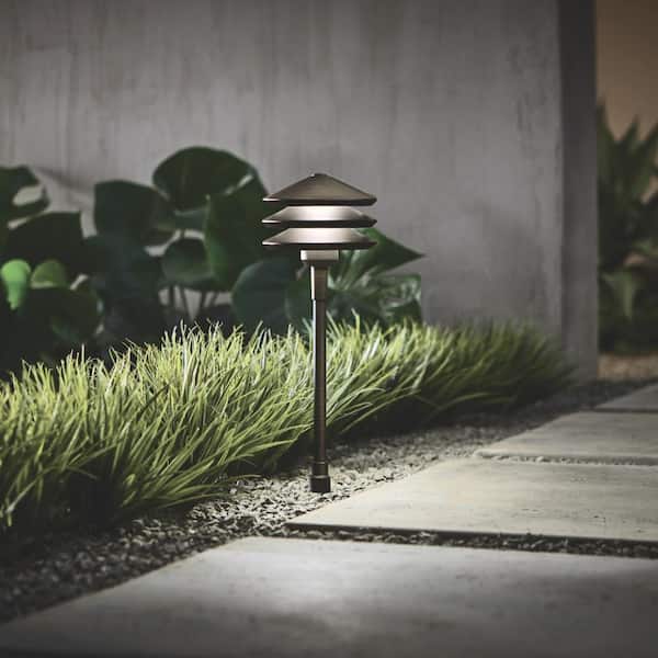 100 Lumen Low Voltage Antique Brass Integrated LED 3-Tier Weather Resistant Outdoor Landscape Path Light