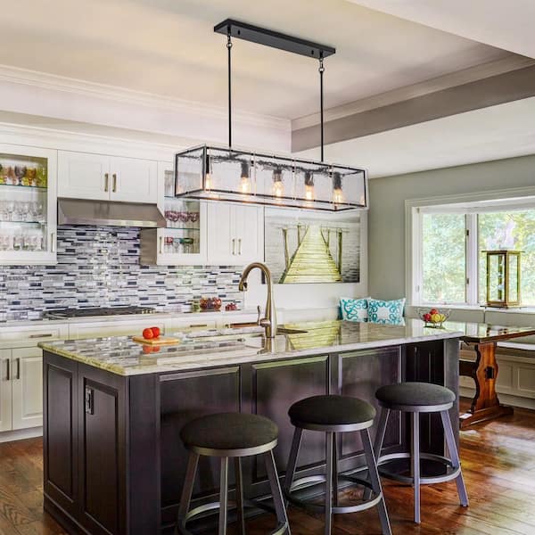 Dvorakova 39.37 in. 5-Light Black Rectangle Dimmable Chandelier with Textured Glass Shade