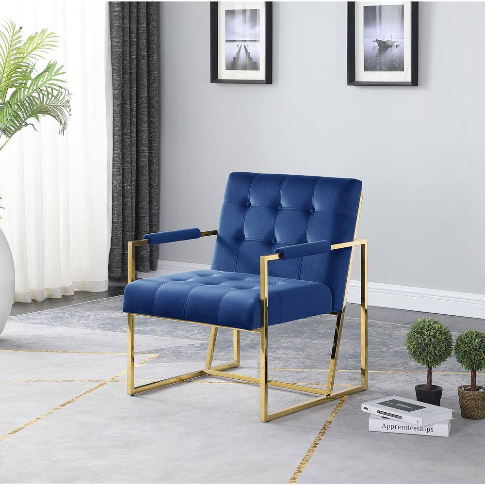 Luxor Blue Velvet Modern Accent Chair with Gold Metal Legs