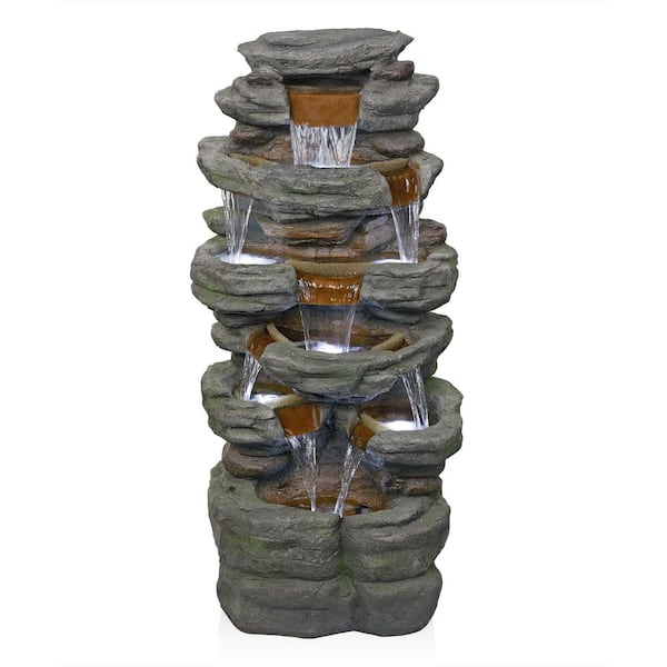 Alpine Corporation 47 in. Tall Floor Stone Tower Cascade Fountain with LED, Gray