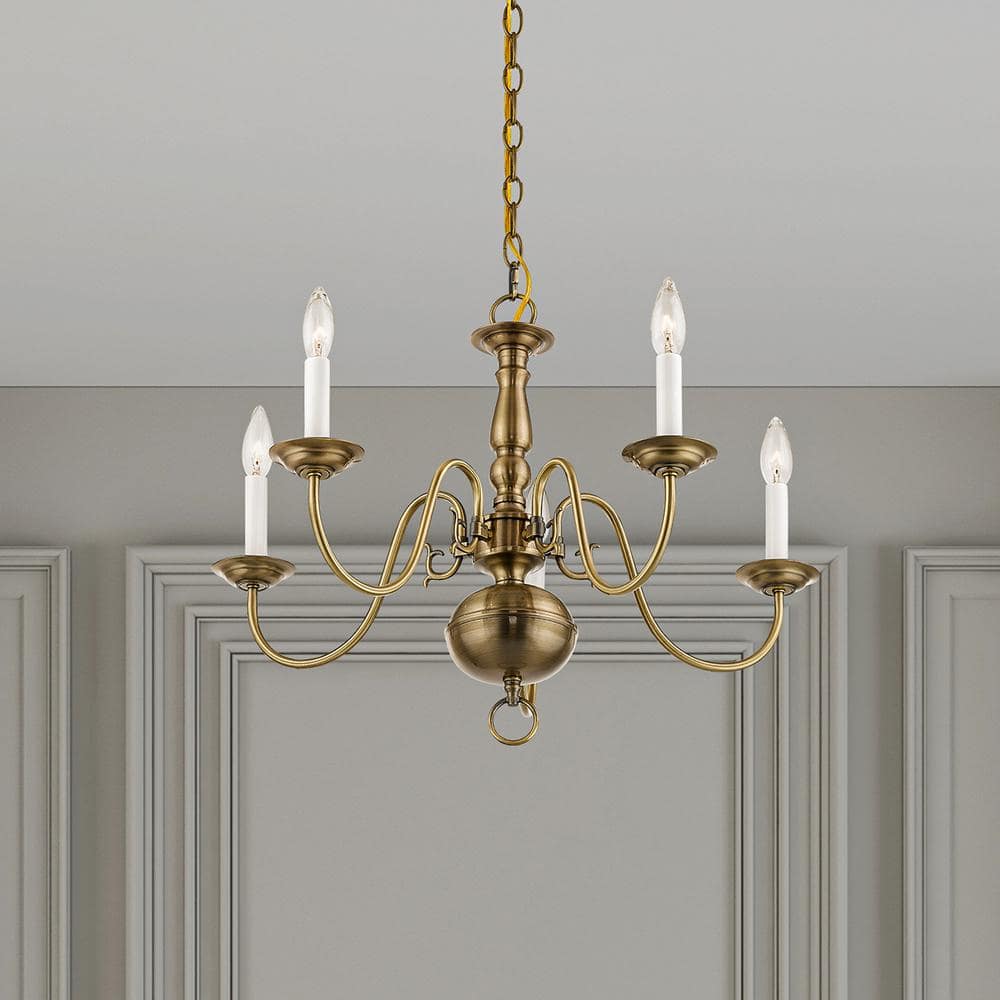 Antique Brass 5-Light Traditional Colonial Chandelier