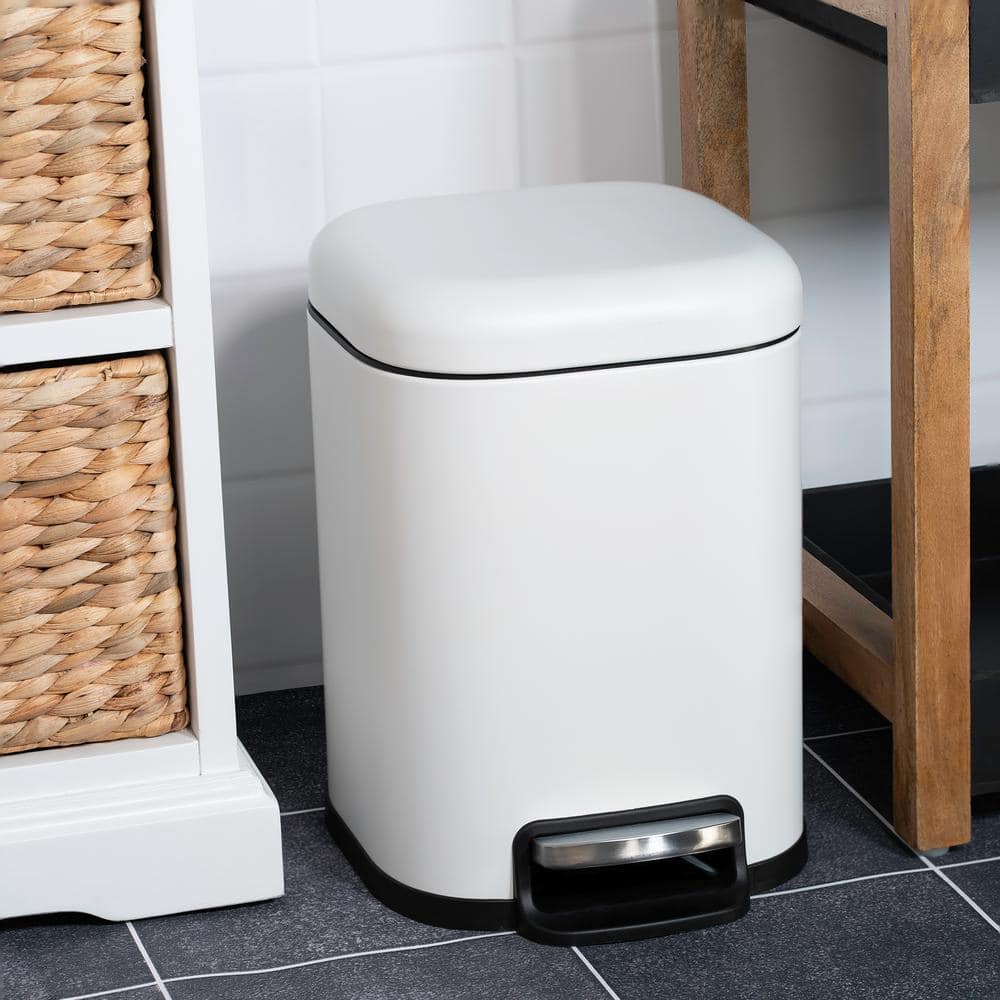 White Stainless Steel Square Step Trash Can with Pedal - 1.6 Gallons