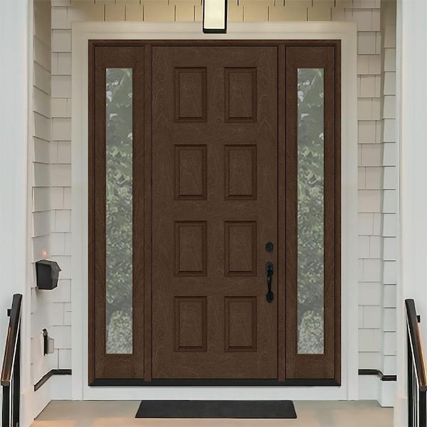 Regency 68 in. x 96 in. 8-Panel LHIS Hickory Stain Mahogany Fiberglass Prehung Front Door w/Dbl 14in. Sidelites