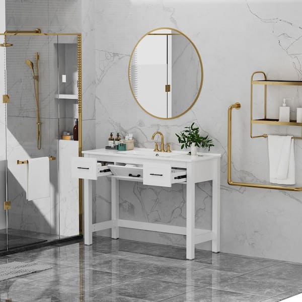 Upgrade 48 in. Freestanding White Bath Vanity with White Ceramic Top Unassembled, Good for Wheelchair Users