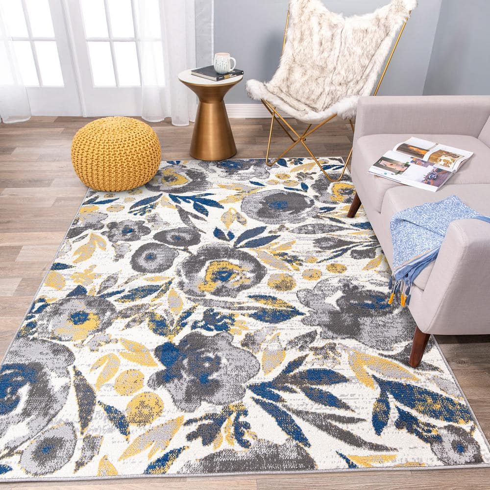 Vintage Floral Cream Synthetic Rectangular Area Rug 7'10" x 10'