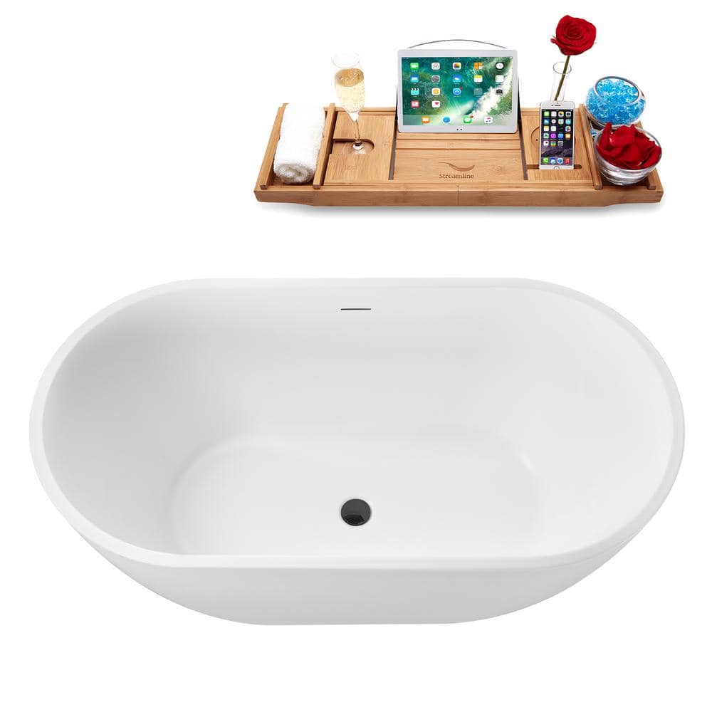 55" Glossy White Acrylic Freestanding Soaking Tub with Tray