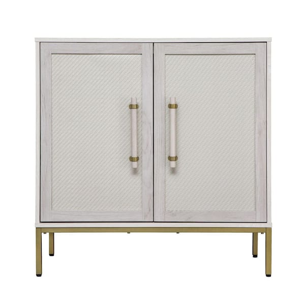 Sophia 2-Door Accent Cabinet, 34 in., Sand Wood with Rattan Doors and Wood/Brass Handles, Adjustable Shelf