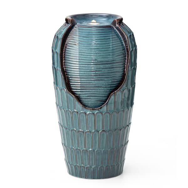 28.25 in. H Outdoor Oversized Turquoise Petals Textured Ceramic Jar Water Floor Fountain with LED Light