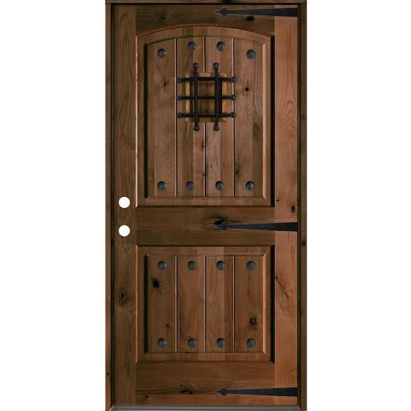 Mediterranean 32 in.x 80 in. Knotty Alder Right-Hand/Inswing Arch Top BEHR Espresso Stain Wood Prehung Front Door