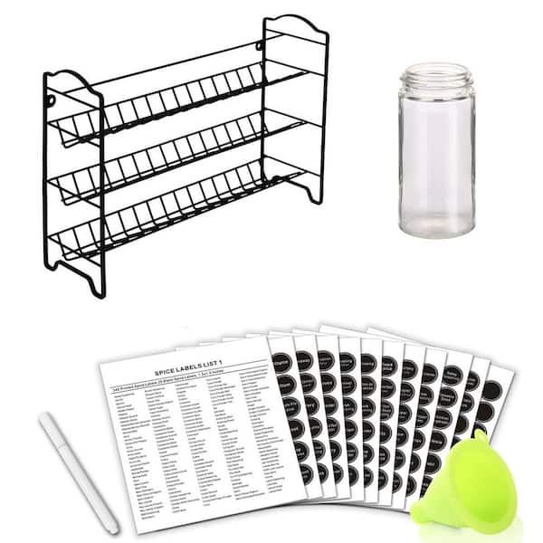 Black 3 Tier Spice Rack Organizer Drawer Organizer with 24 Pcs Empty Round Spice Jars, 396 Labels, Funnel, Chalk Marker