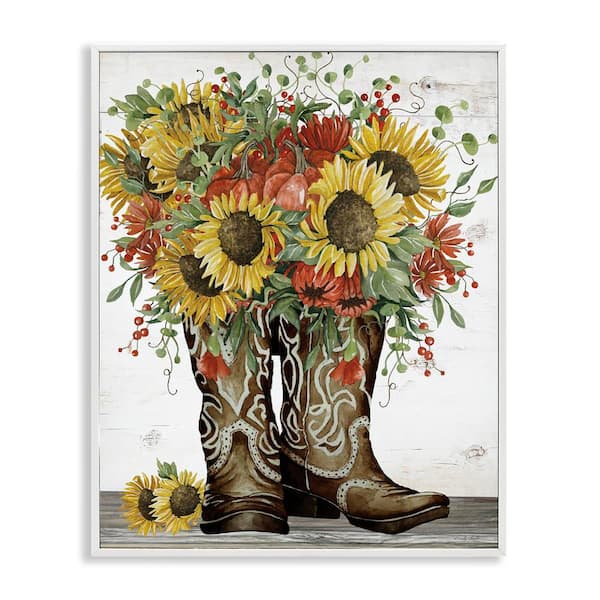 Sunflowers in Western Boots by Cindy Jacobs White Framed Nature Giclee Art Print 20 in. x 16 in.