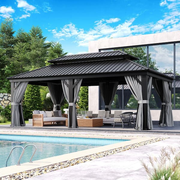 Modern 12 ft. x 20 ft. Double Roof Galvanized Steel Patio Gazebo with Netting and Curtains in Gray