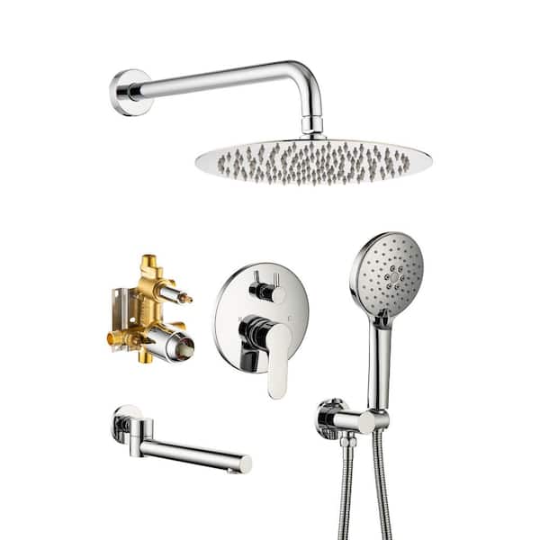 WELLFOR 3-Spray Patterns with 2.5 GPM 10 in. Wall Mount Dual Shower Heads with 180 Degree Rotation Tub Spout in Chrome