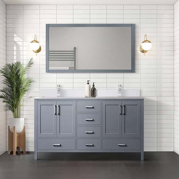 Lexora Jacques 72 in. W x 22 in. D Dark Grey Double Bath Vanity, White Quartz Top, Faucet Set, and 70 in. Mirror