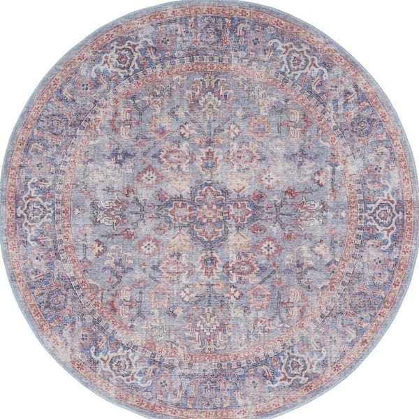 5 ft. Round Blue Floral Washable Area Rug
