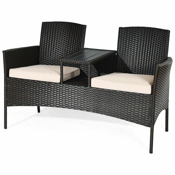 FORCLOVER Mix Brown Wicker Outdoor Loveseat With Beige Cushions and Center Tea Table