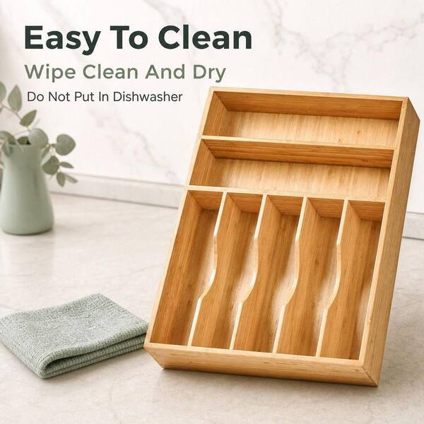 Wudkey 2.5 in. H x 12.9 in. W x 17 in. D 7 Slots Bamboo Kitchen Cookware Organizer for Flatware Cutlery Knives, Forks, Spoons