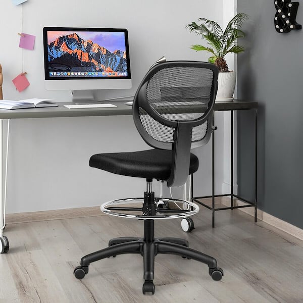 FORCLOVER Swivel Black Mesh Fabric Seat Office Drafting Chair with Flip-Up Arms and Lumbar Support