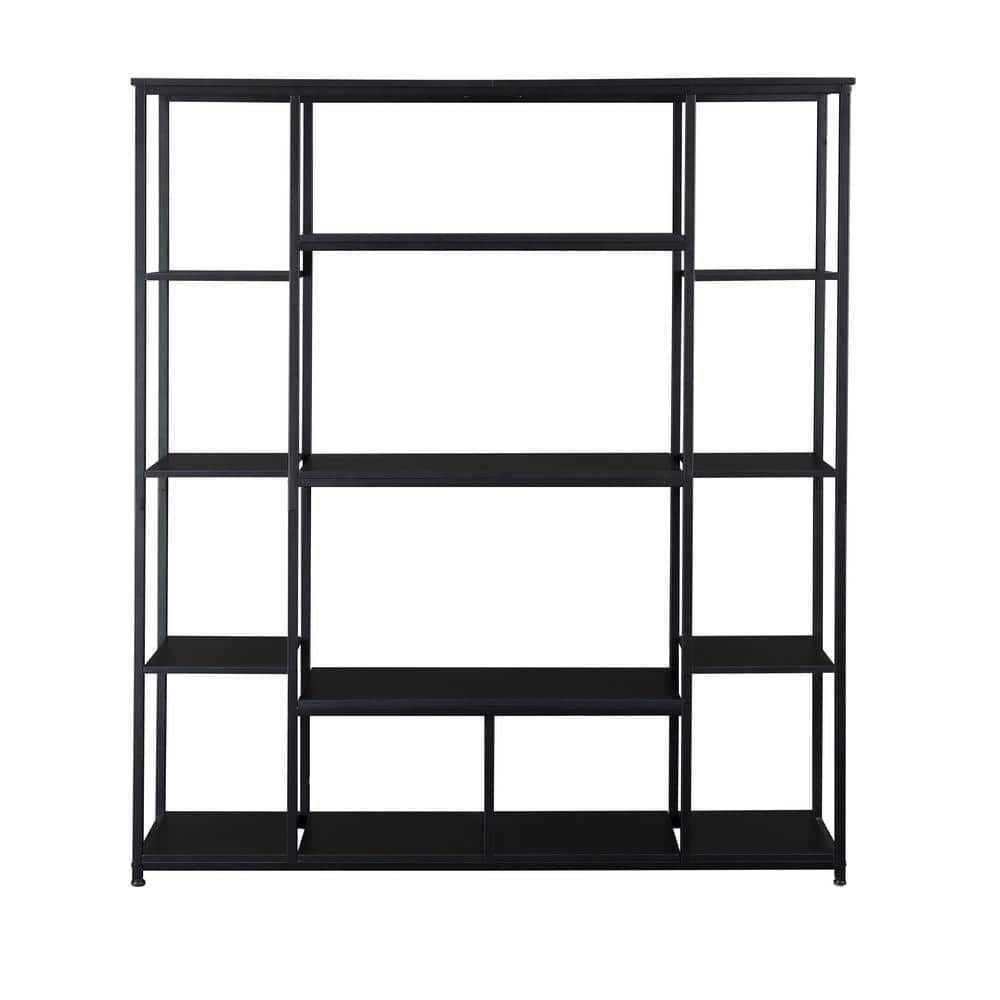 71 in. Black Wood 5-Shelves Modern Bookcase with Metal Frame